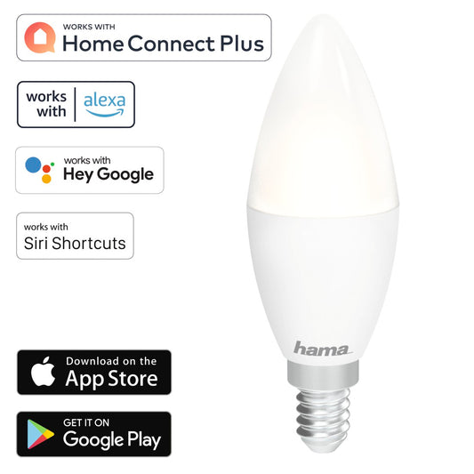 Hama WLAN-LED-Lampe, E14, 5,5W, dimmbar, Kerze, für Sprach-/App-Steuerung, Weiß