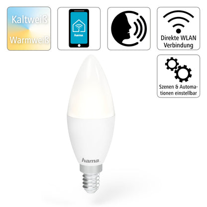 Hama WLAN LED lamp, E14, 5.5W, dimmable, candle, for voice/app control, white 