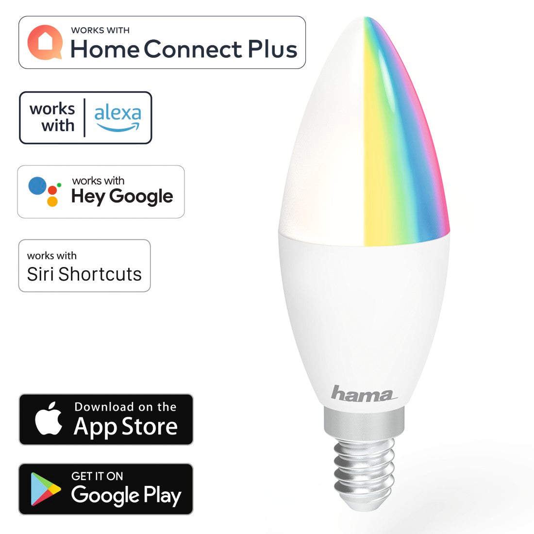 Hama WLAN LED lamp, E14, 5.5W, RGBW, dimmable, candle, for voice/app control 