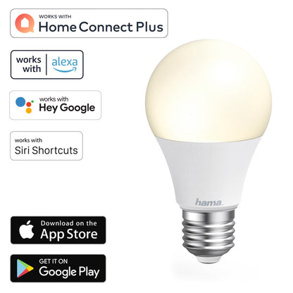 Hama WLAN-LED-Lampe, E27, 10W, dimmbar, Birne, für Sprach-/App-Steuerung, Weiß