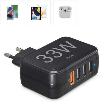 Hama Schnellladegerät, 4x USB-A, 33 W, Schwarz