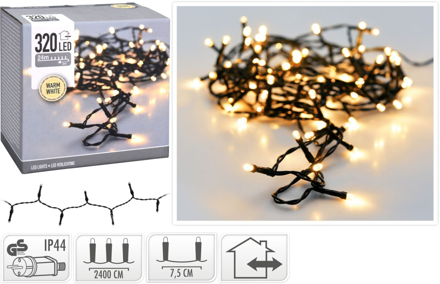 LED-Lichterkette, 320 LEDs, warmweiß, 230V, IP44, Innen/Außen