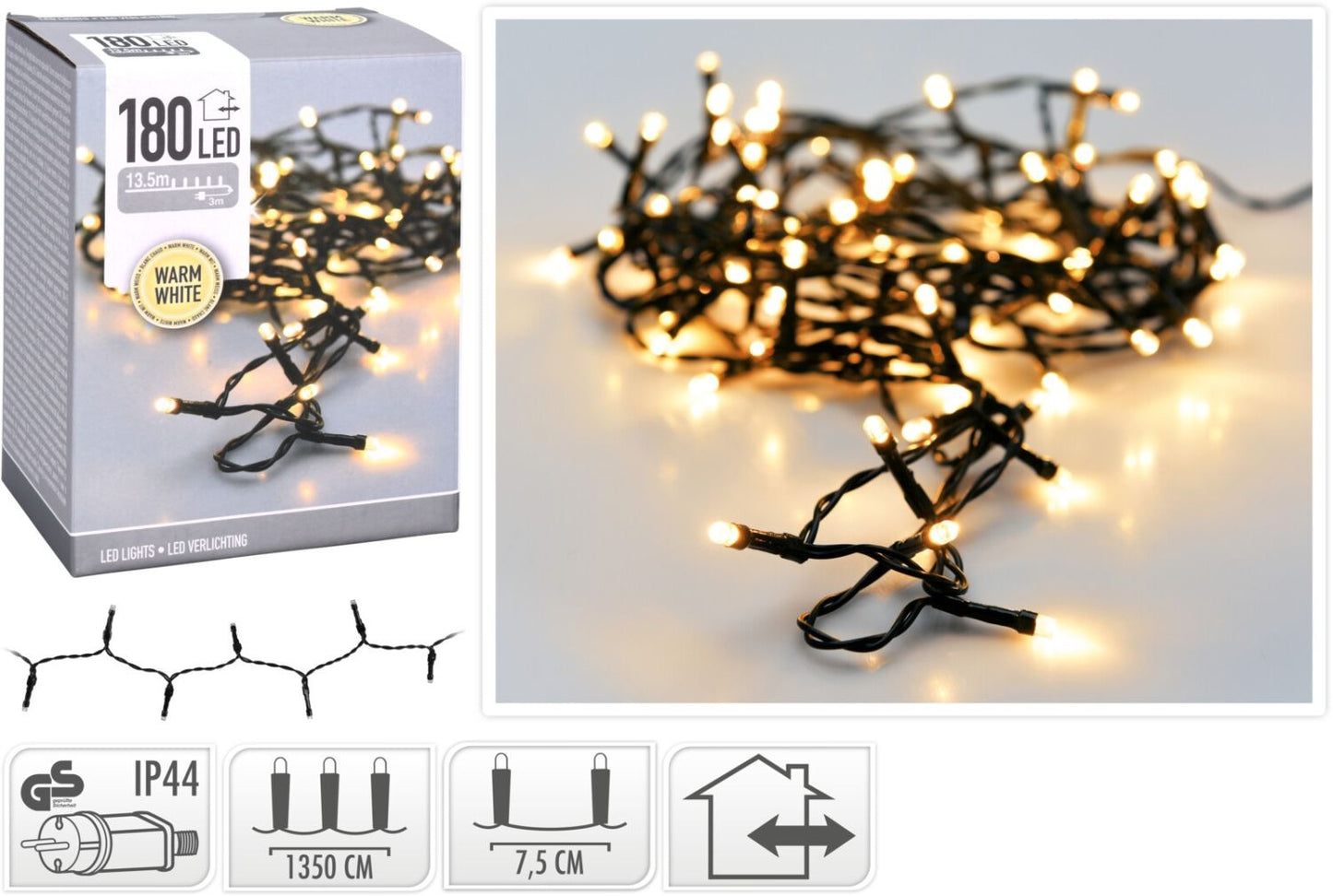 LED-Lichterkette, 180 LEDs, warmweiß, 230V, IP44, Innen/Außen, grün